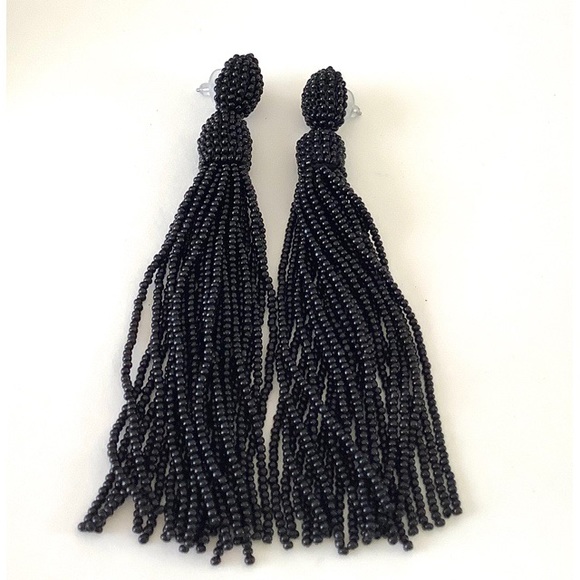 Black Beaded Tassel Drop Earrings - Picture 2 of 4